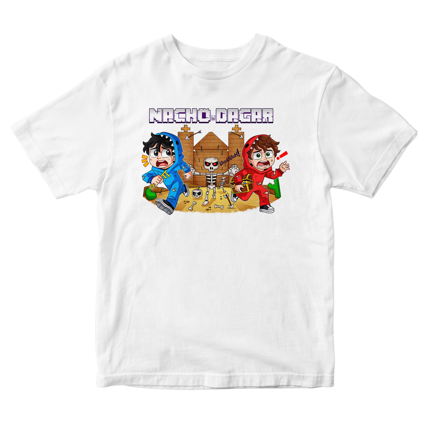 Camiseta Nacho y Dagar Aventuras Esqueléticas Blanco