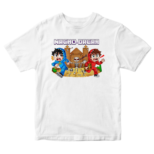 Camiseta Nacho y Dagar Aventuras Esqueléticas Blanco